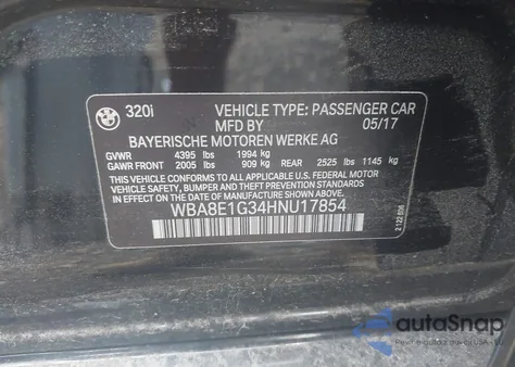 2017 BMW 320 I from USA, damaged, VIN WBA8E1G34HNU17854